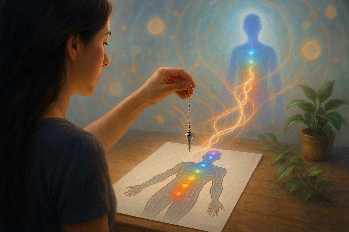 Woman using a pendulum to check energy flow through chakras on a drawing of a body; colorful, spiritual.