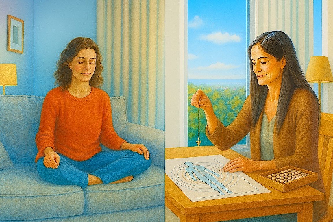 Woman meditating on couch; other woman using pendular divination table near sunny window.