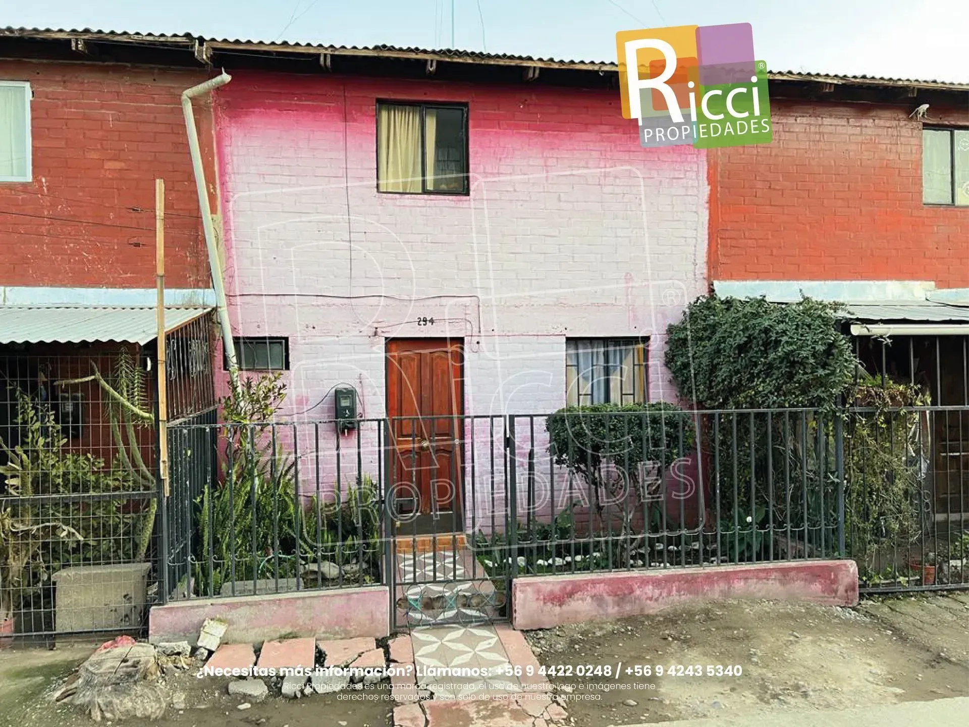 Casa de ladrillo rojo de dos plantas, fachada rosa, cerca negra y puerta de madera oculta tras una vegetación frondosa.