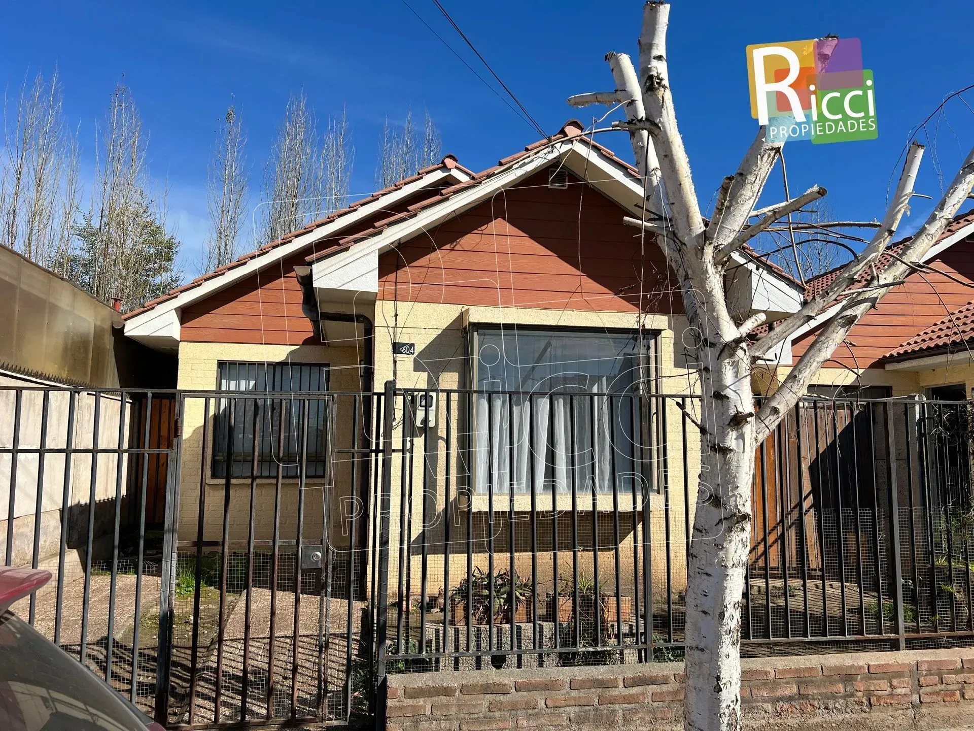 Pequeña casa de ladrillo con una verja metálica negra y un árbol sin hojas en el jardín delantero, bajo un cielo azul