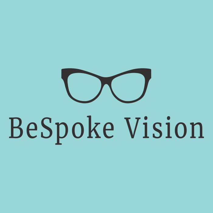 A logo for bespoke vision with a pair of glasses on a blue background