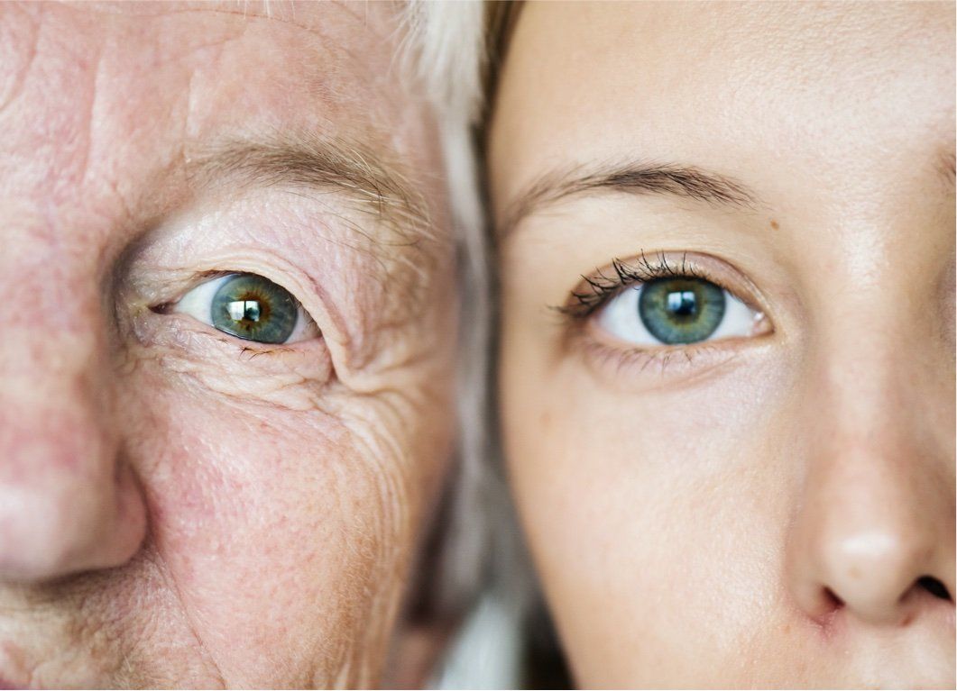 Older man and young woman faces