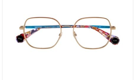 A pair of square woow
glasses with a floral frame on a white background.