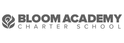 The logo for bloom academy charter school is black and white.