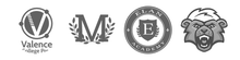Five sports team logos in grayscale, including Valence and a bear mascot icon