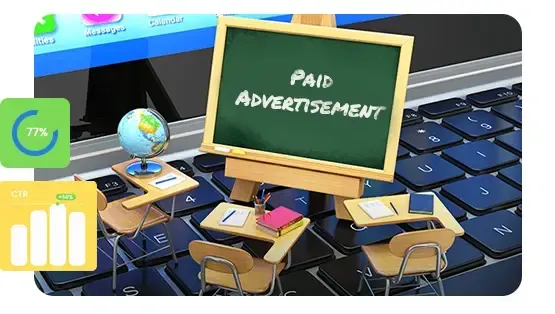 A computer keyboard with a chalkboard that says paid advertisement on it.