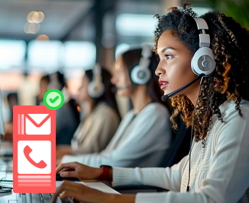 A woman wearing headphones is working in a call center.