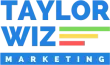 A logo for taylor wiz marketing with a blue background