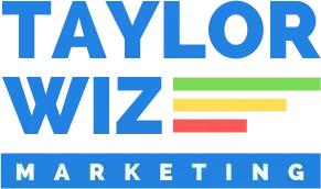A logo for taylor wiz marketing with a blue background