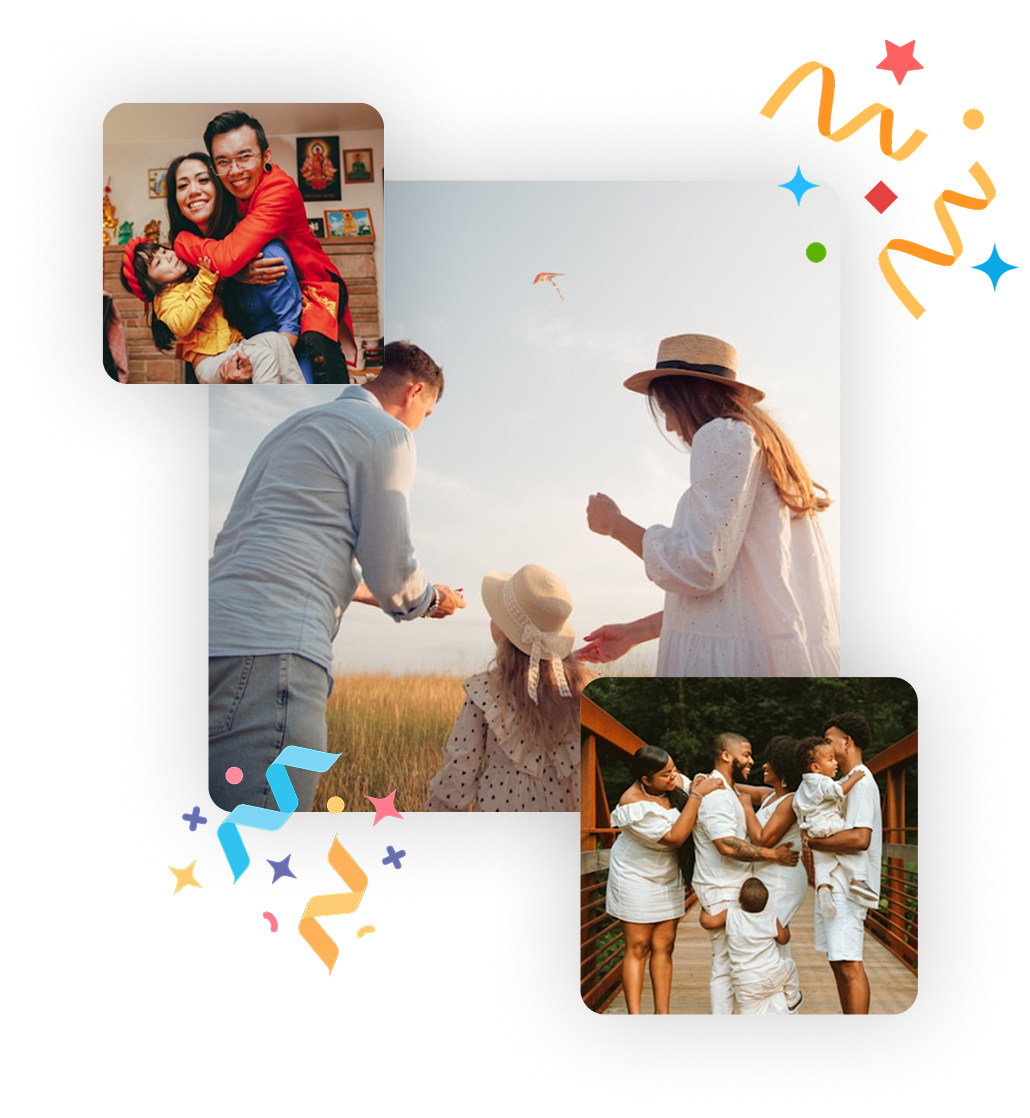 Family photos, including hugging, kite flying, and posing on a bridge, with confetti.