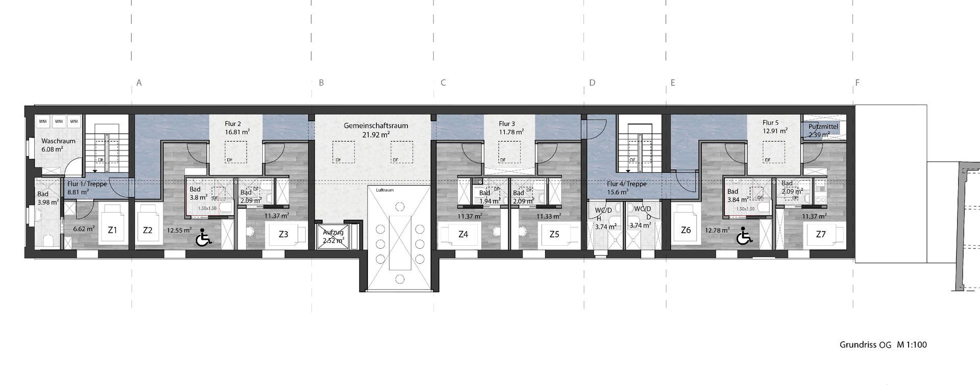 A floor plan of a building with a lot of rooms.