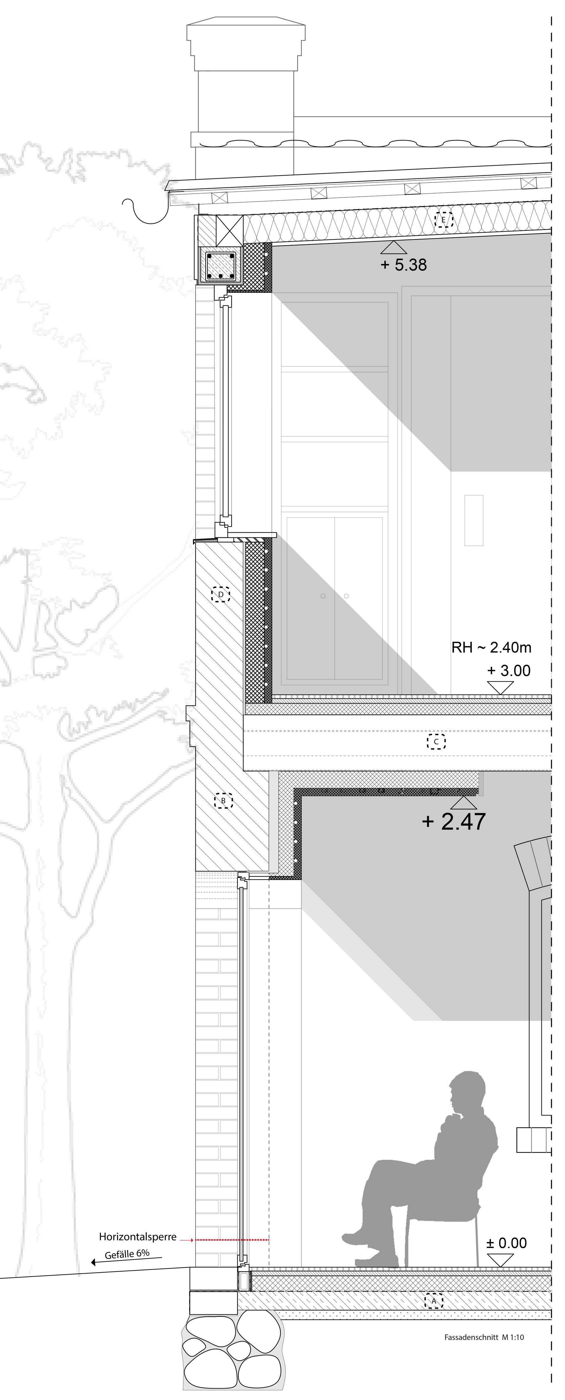 A black and white drawing of a building with a person sitting on a chair.