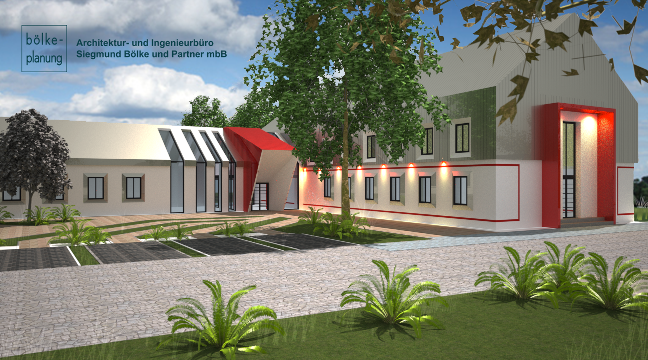 An artist 's impression of a building with a red roof