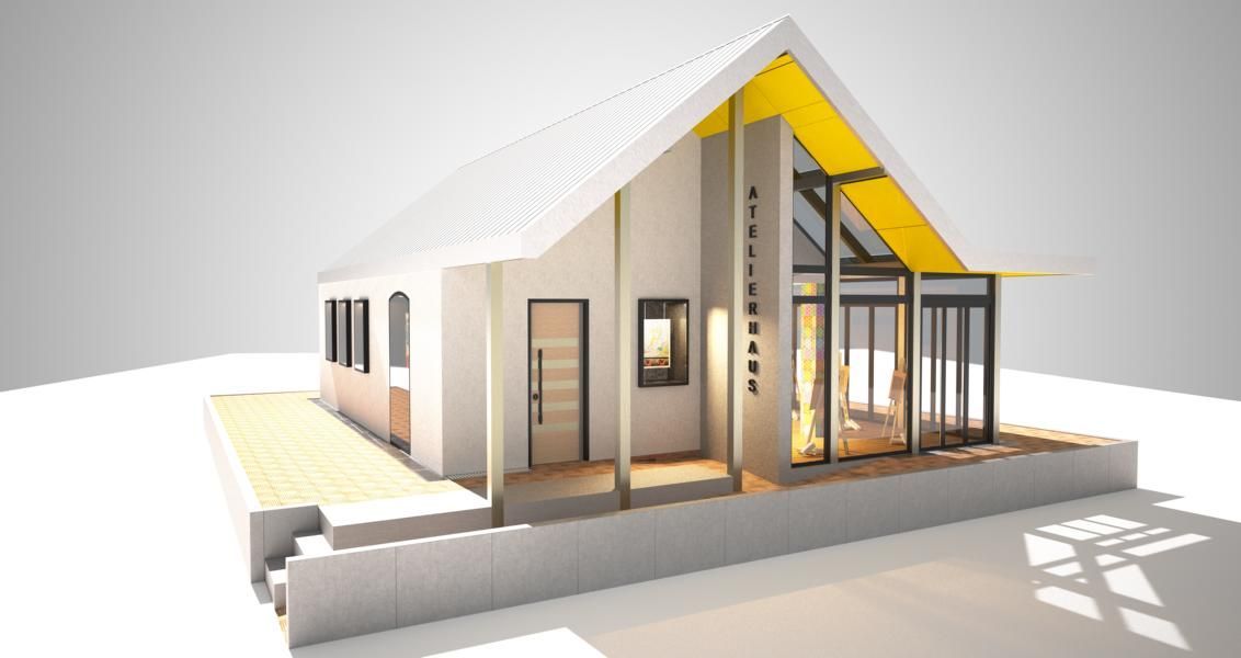 Modernes Hausmodell mit Schrägdach, Glaseingang und gelben Akzenten auf weißem Hintergrund
