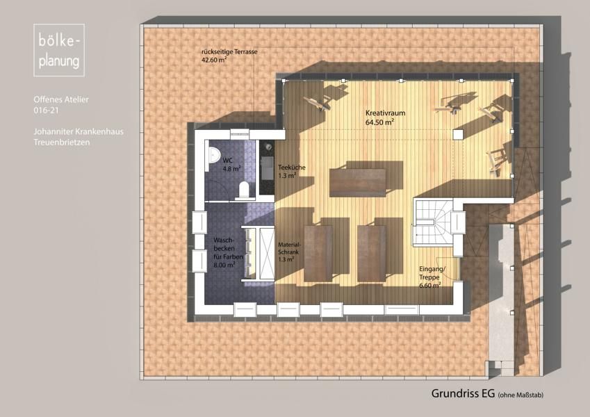 Grundriss einer kleinen Wohnung von oben, bestehend aus Küche, Wohnbereich, Badezimmer und Terrasse.