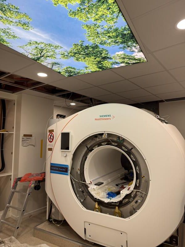 Computertomograph in einem Krankenzimmer unter einem Deckengemälde mit Himmel und Bäumen