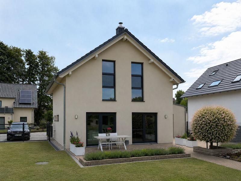 Modernes beiges zweistöckiges Haus mit Terrasse, Rasen und gestutzten Sträuchern unter einem teilweise bewölkten Himmel