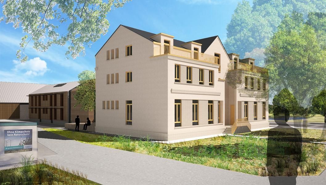 Visualisierung eines cremefarbenen Mehrfamilienhauses mit Balkonen und einem angelegten Weg an einem sonnigen Tag