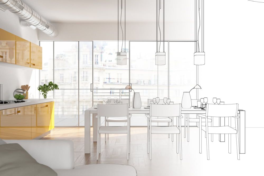 A Drawing Of A Kitchen And Dining Room With A Dining Table And Chairs — Renovo Contractors In Monash, ACT