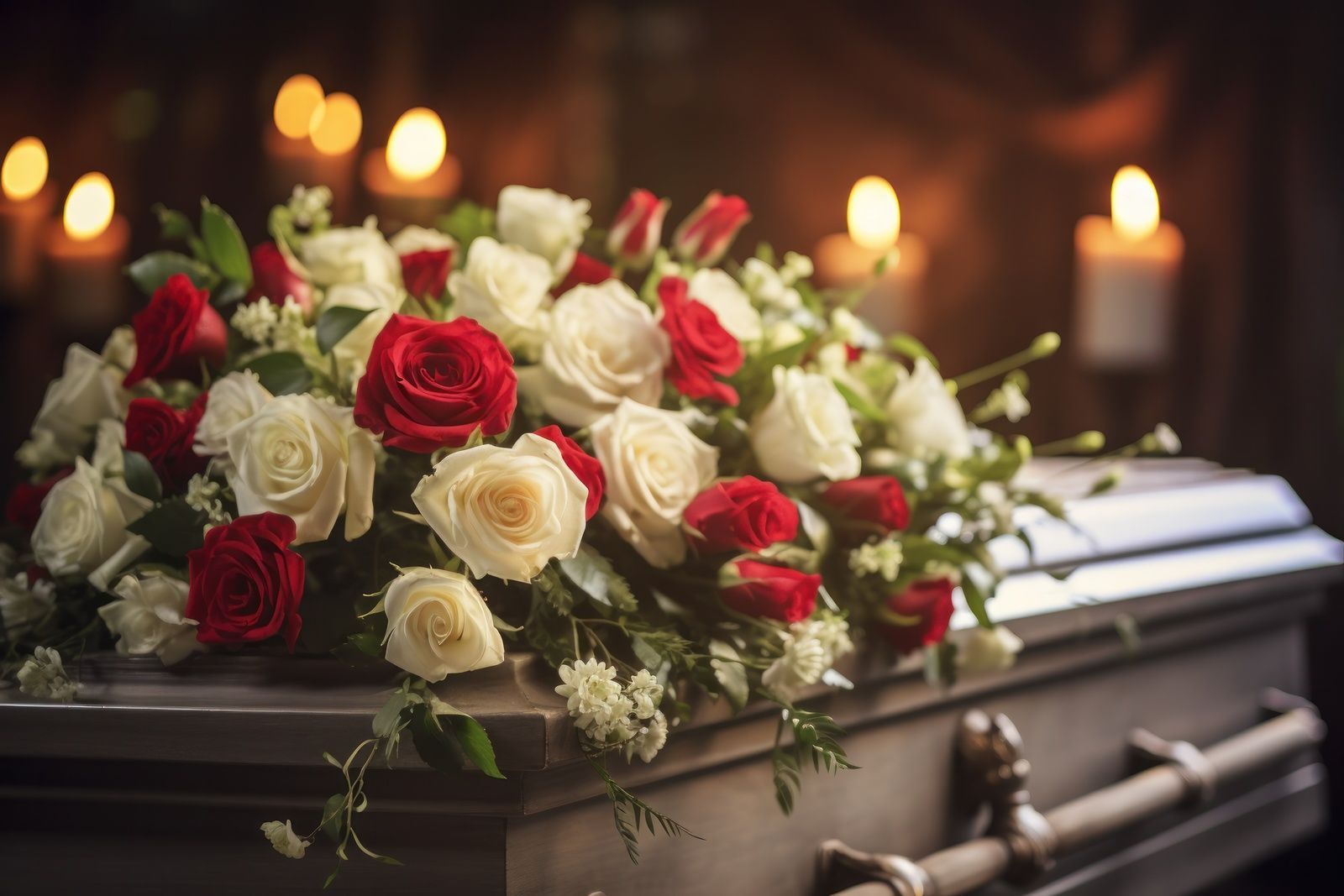 A coffin adorned with red and white roses, surrounded by candlelight in a dim funeral setting