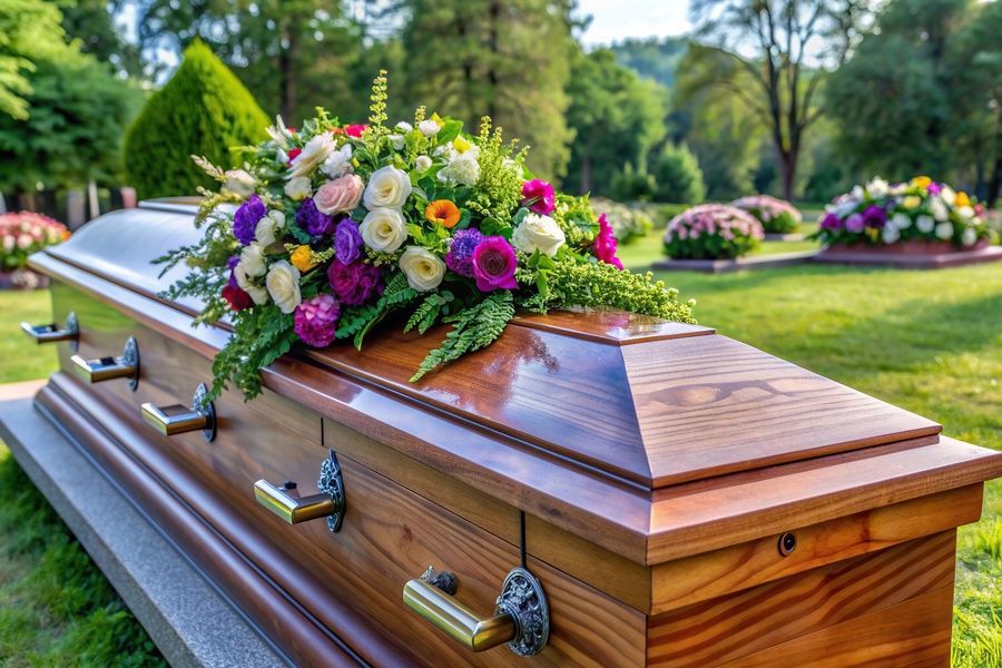 Wooden casket topped with colorful flowers in a cemetery garden