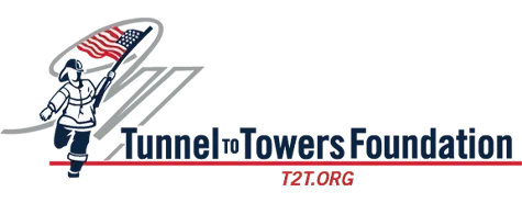 Tunnel to Towers Foundation logo with firefighter carrying an American flag and T2T.org text