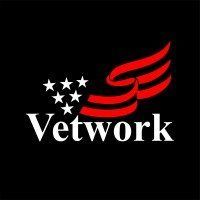 Vetwork logo with white text, five stars, and red wing-like stripes on a black background
