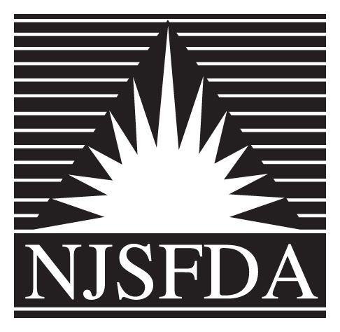 NJSFDA logo with white sunburst over black striped background and bold white text