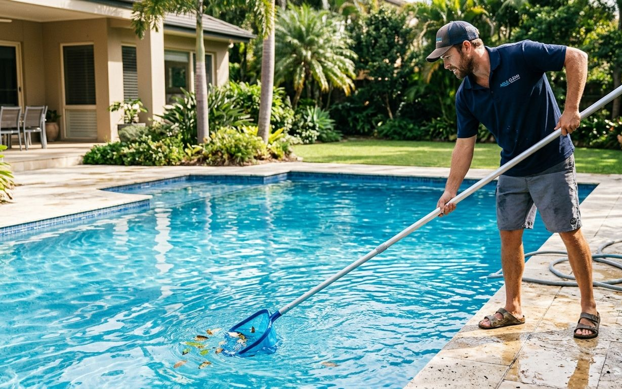Pool cleaner skimming debris from a blue backyard pool beside a house and patio