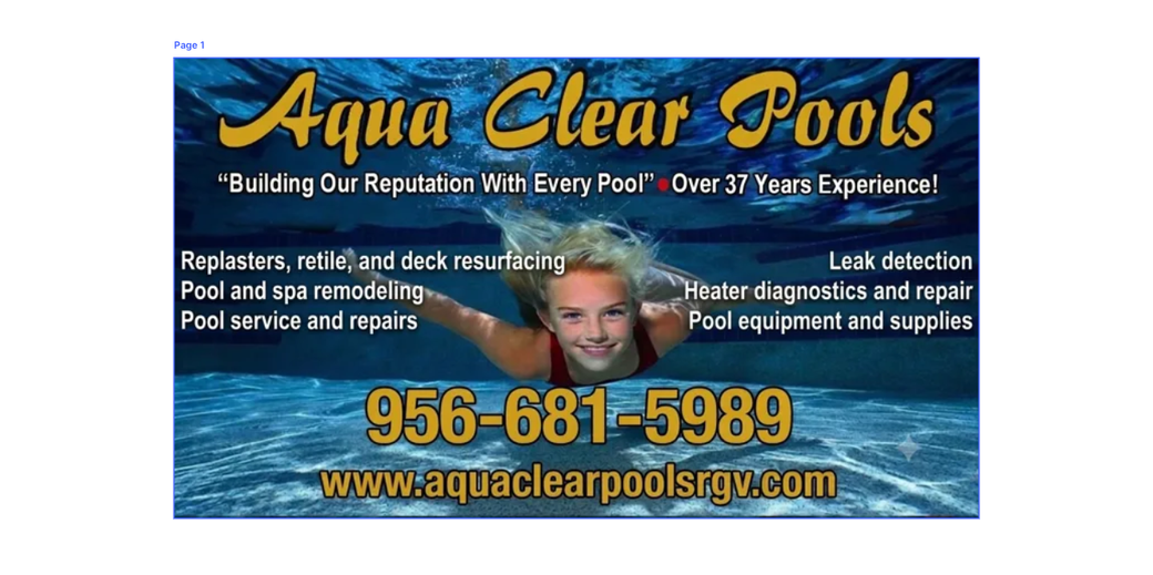 Aqua Clear Pools ad with phone number, website, and pool service text over a blue water background Aqua Clear Pools ad with phone number, website, and pool service text over a blue water background