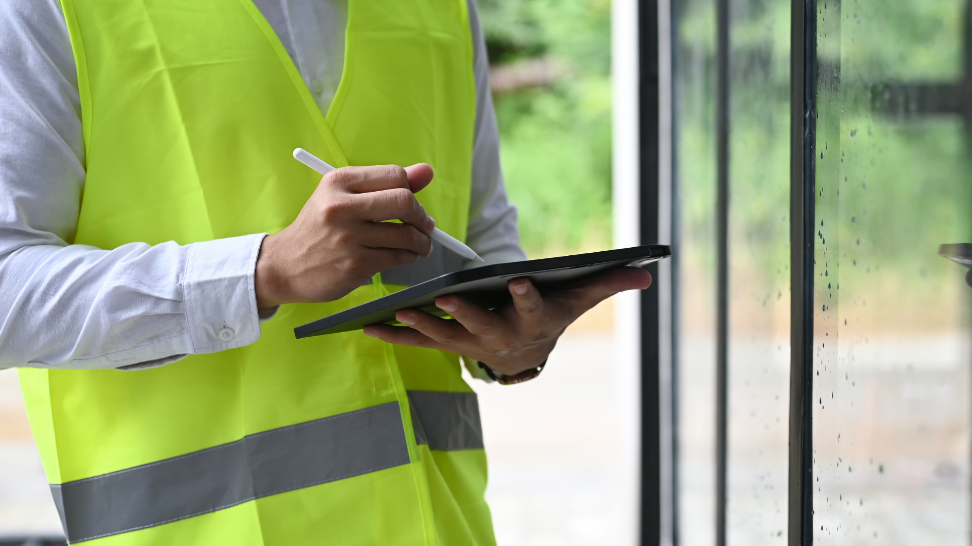 A man in a yellow vest is writing on a clipboard with a pen.