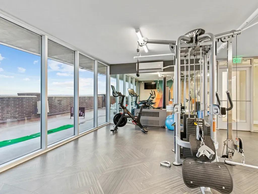 Bright gym with cable machine, exercise bike, and large windows overlooking a city skyline