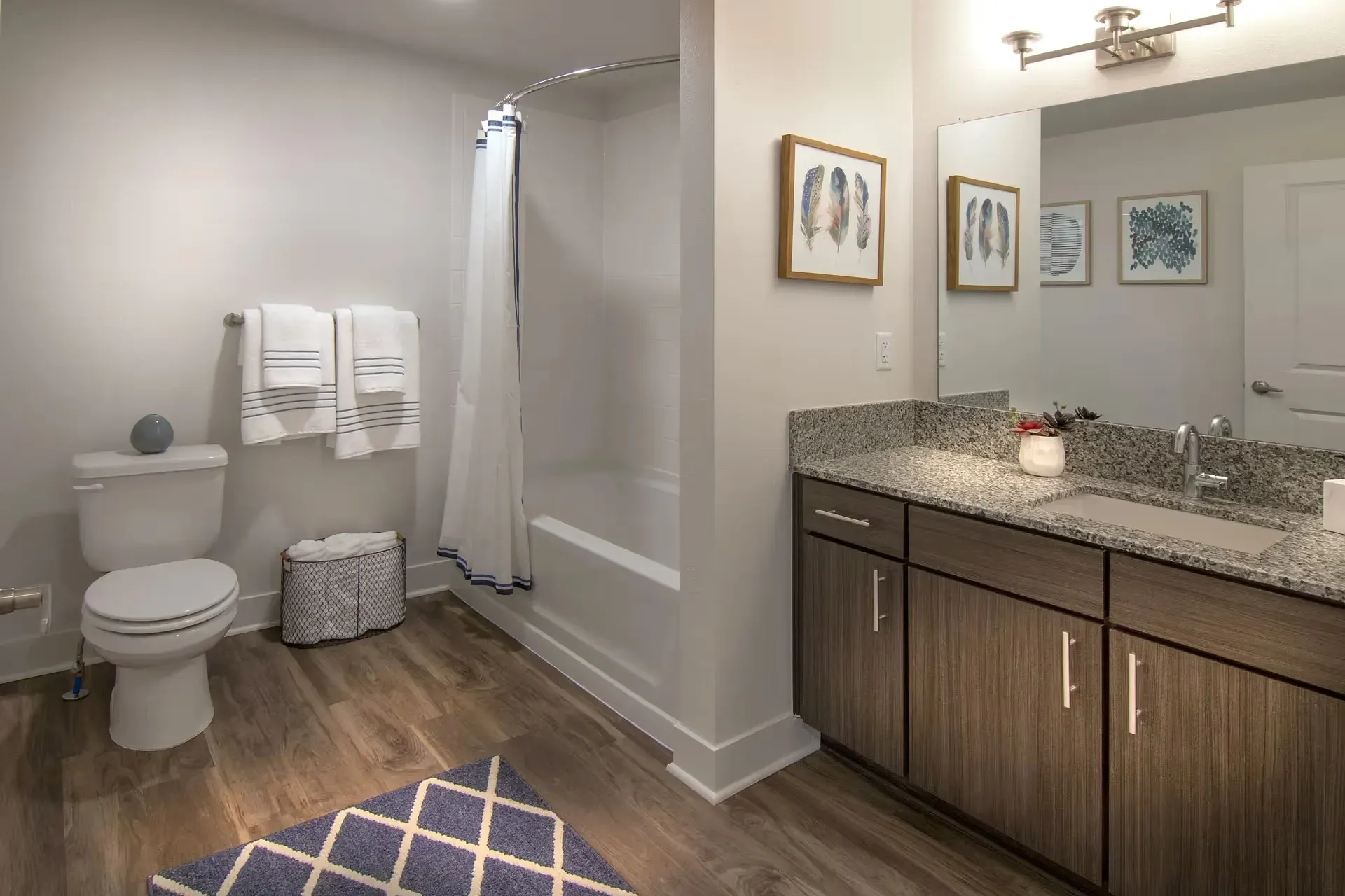 Modern bathroom with a granite countertop vanity, sink, toilet, and bathtub with shower.