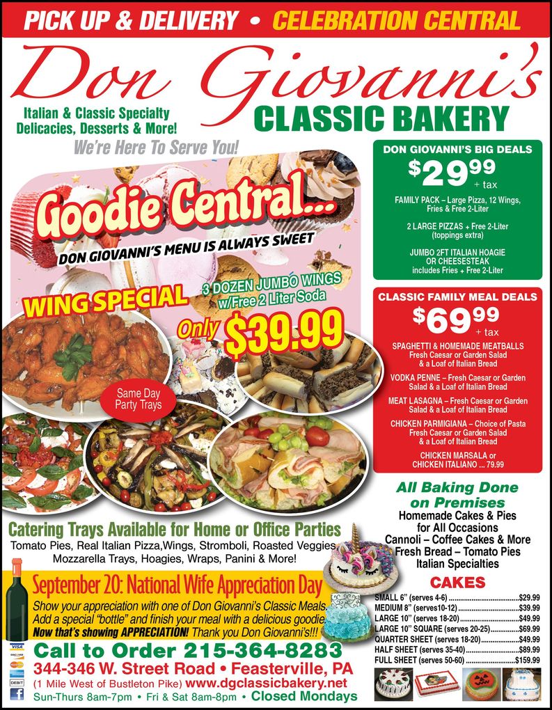 Don Giosanni’s Classic Bakery ad with Valentine specials, wings, cakes, and party platters on a red-and-green flyer