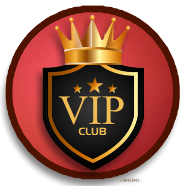 Gold crown over black shield logo reading “VIP CLUB” on a red circular background