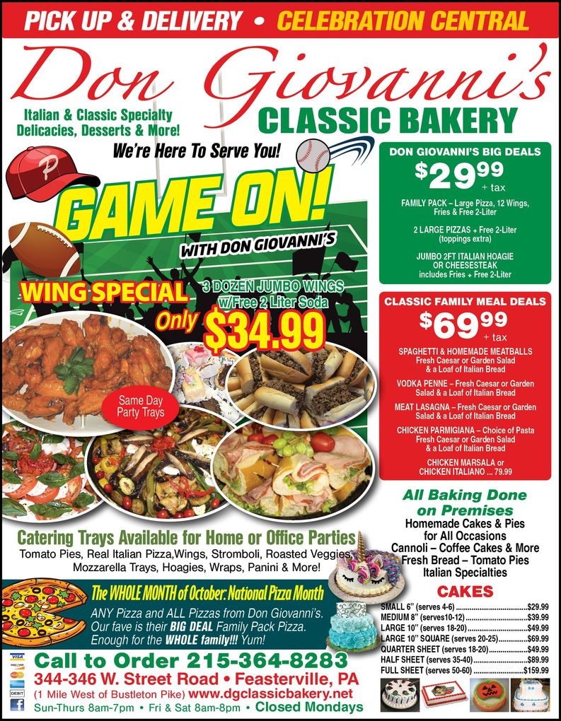 Don Giosanni’s Classic Bakery ad with Valentine specials, wings, cakes, and party platters on a red-and-green flyer