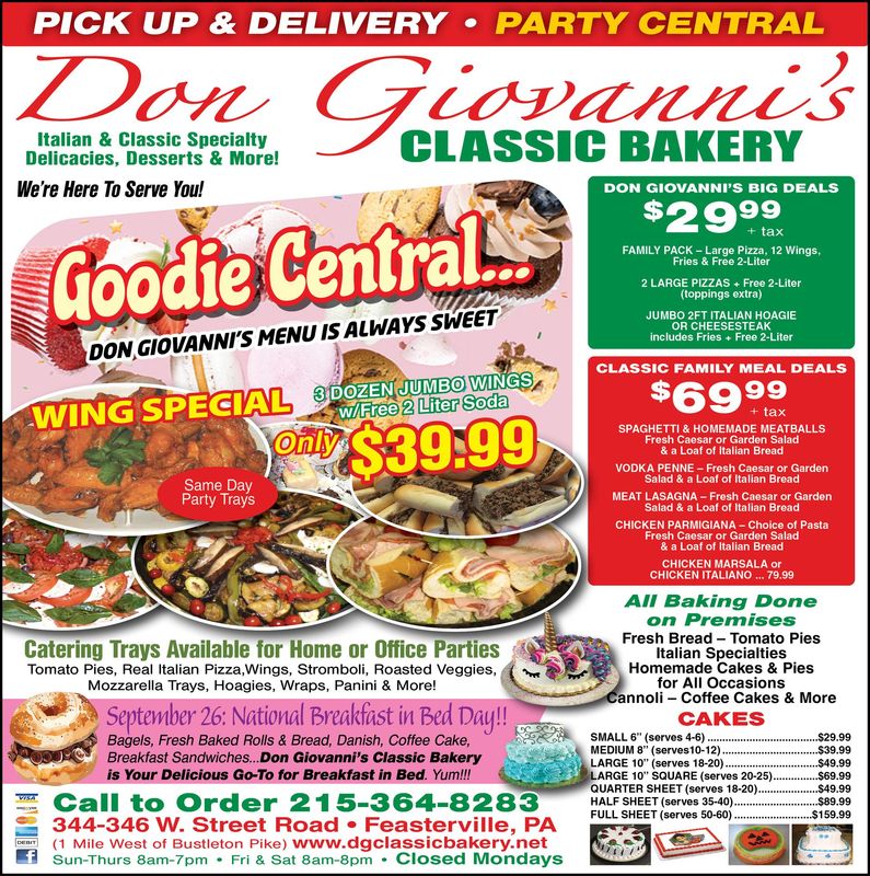 Don Giosanni’s Classic Bakery ad with Valentine specials, wings, cakes, and party platters on a red-and-green flyer