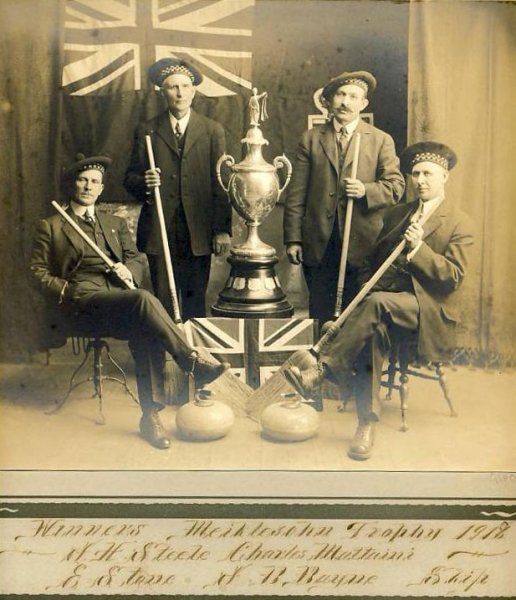 A black and white photo of men holding cues and a trophy