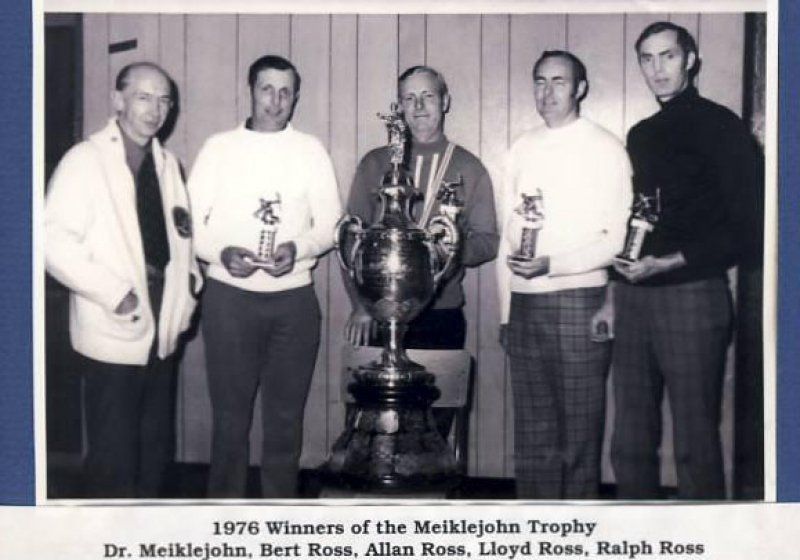 A black and white photo of a group of men holding trophies titled 1976 winners of the melkiejohn trophy