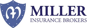 A logo for miller insurance brokers with a blue shield