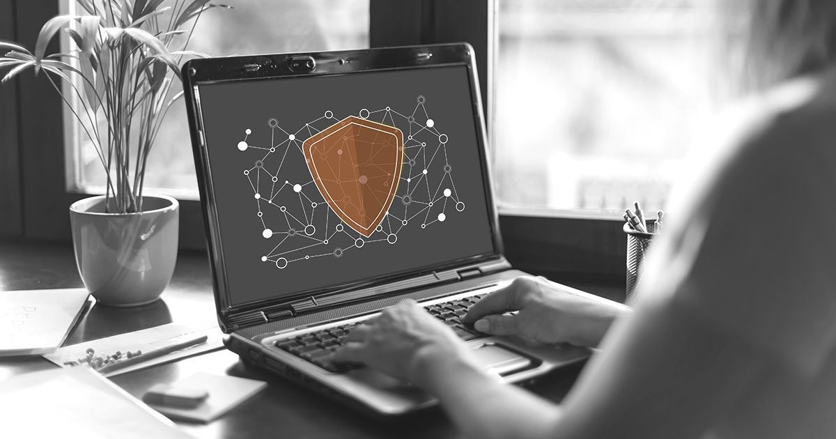 Person working on laptop with a security shield icon on the screen, near a window and a potted plant.