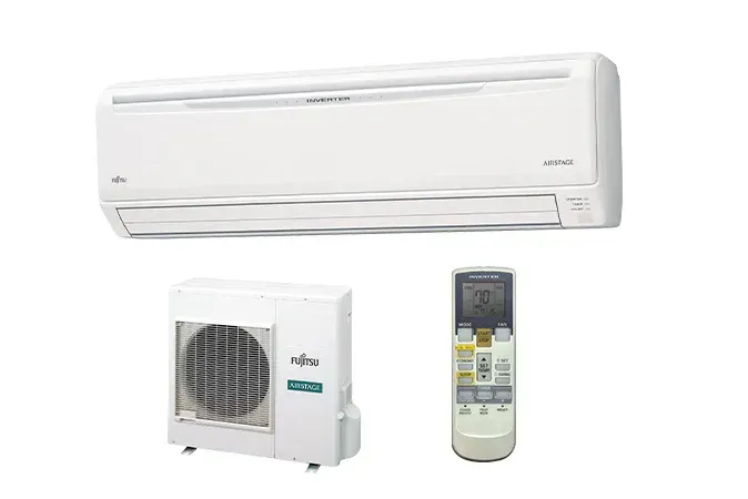 Fujitsu split air conditioning system: indoor unit, outdoor unit, and remote control. White and gray.