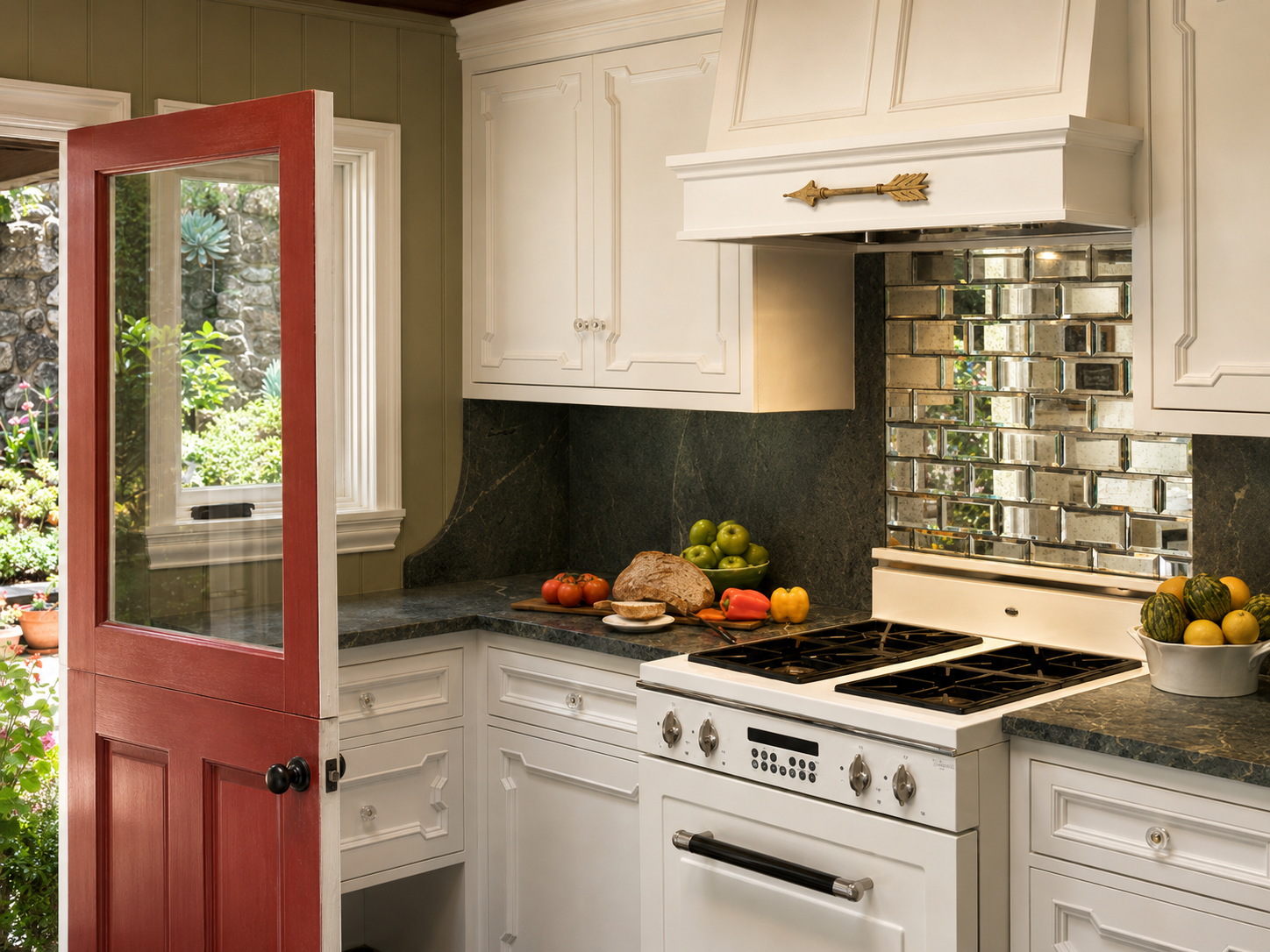 Bright kitchen with a red door, white cabinets, stainless range, and fruit on the counter.