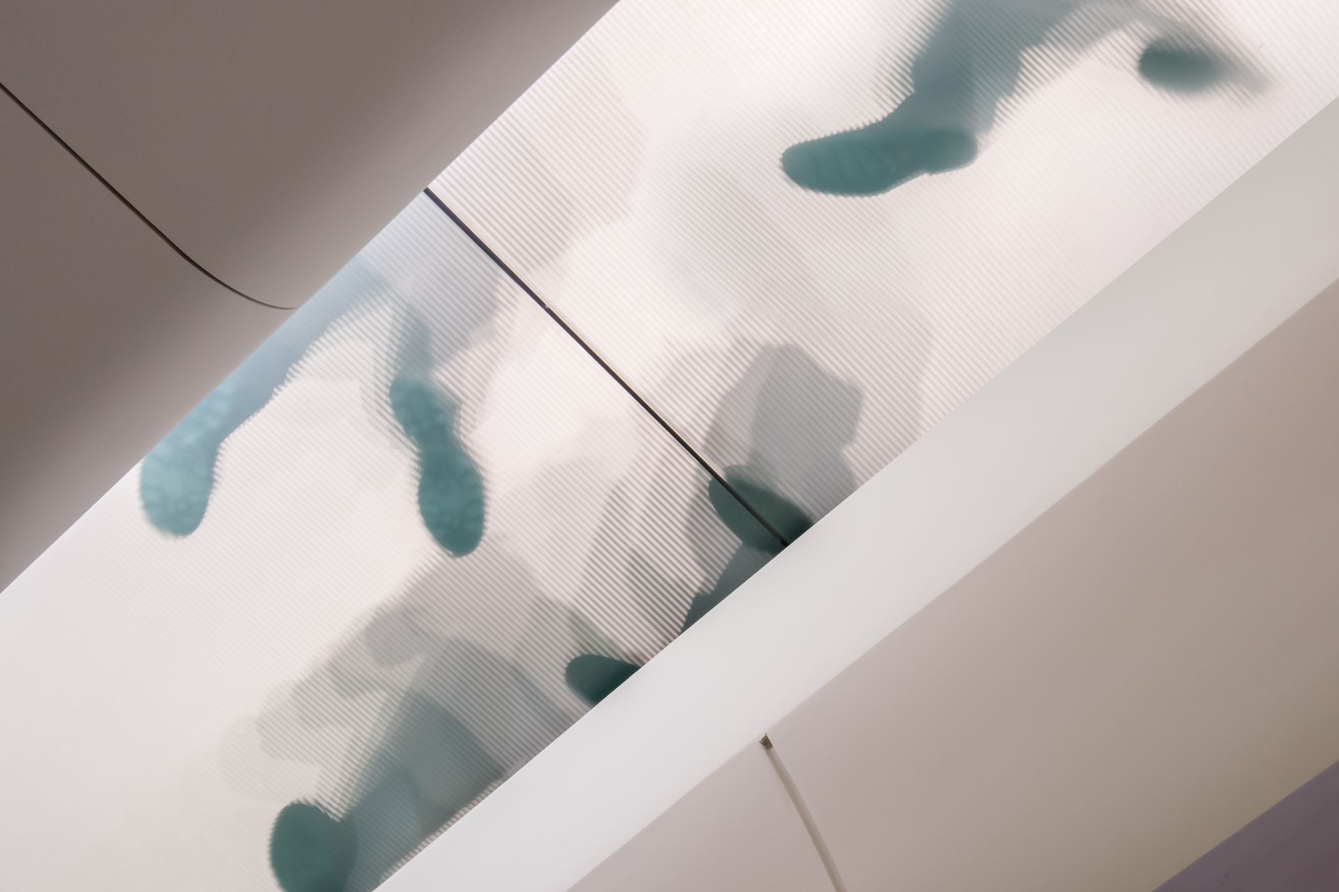 Abstract teal and gray leaf shapes on a translucent white panel against a beige ceiling.