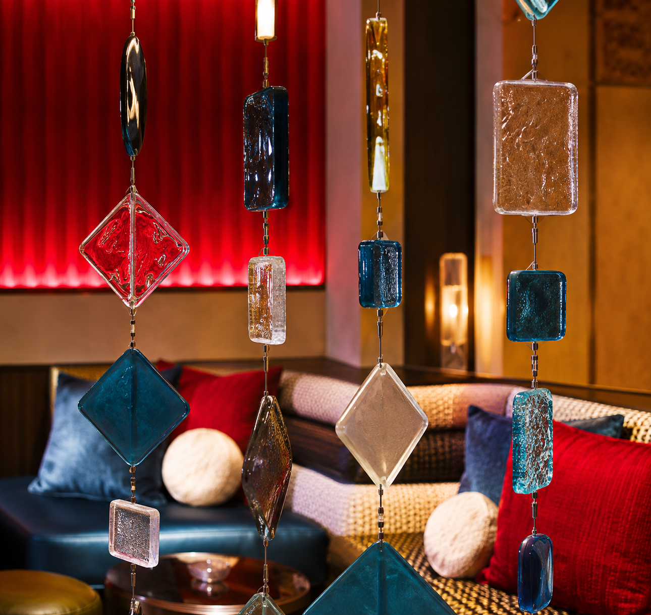 Colorful hanging glass ornaments in a cozy room with red curtains and warm lighting