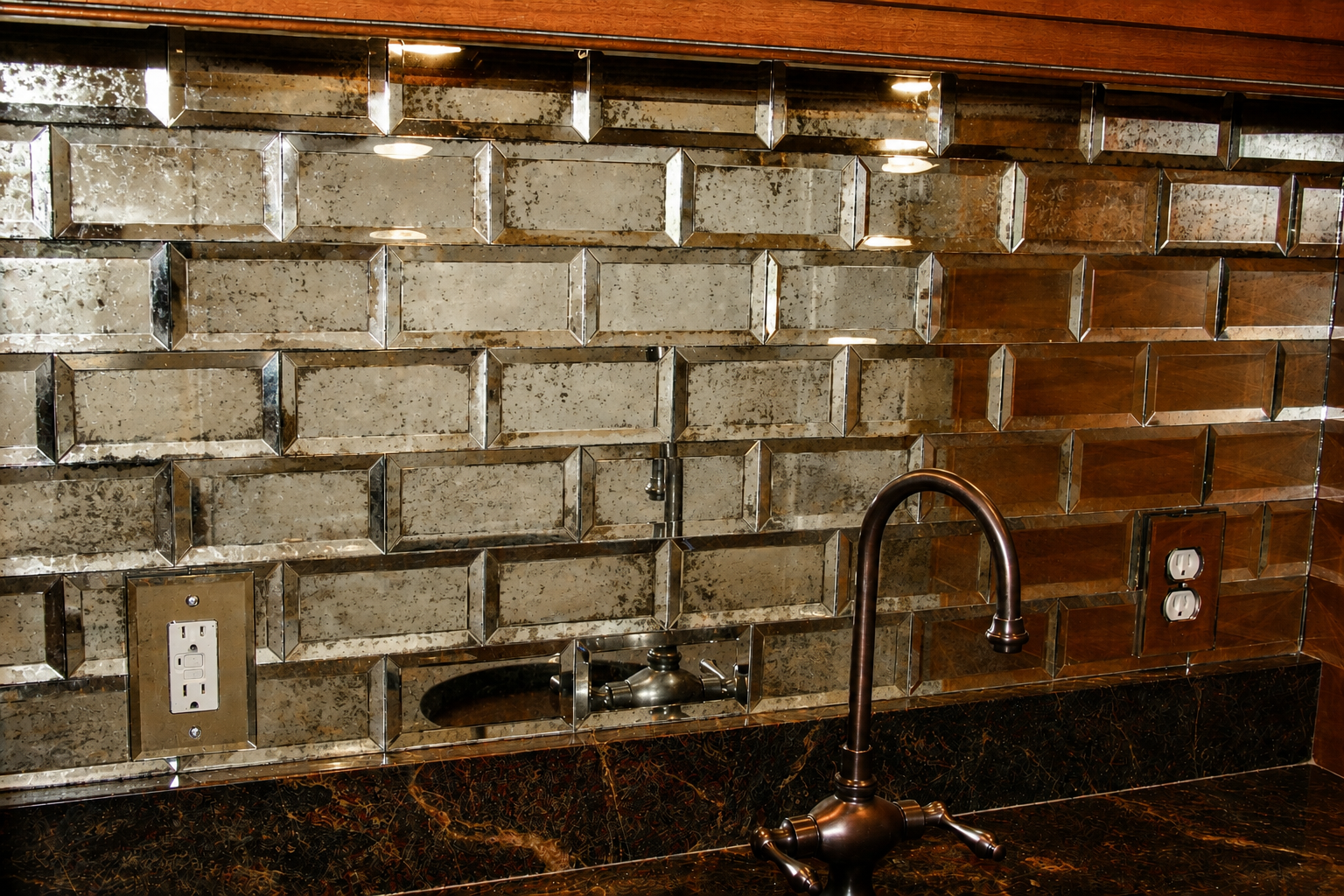 Kitchen backsplash of silver subway tiles with under-cabinet lights, sink faucet, and granite countertop