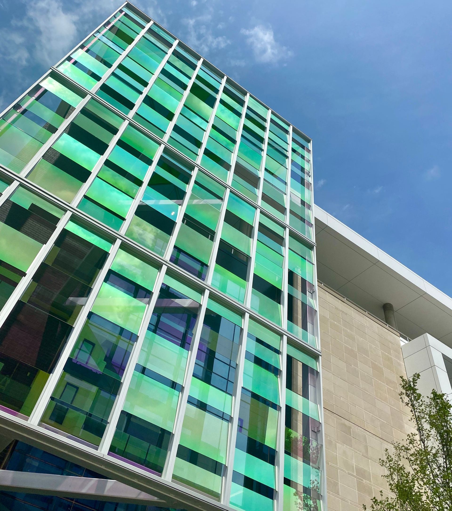 Looking up at a tall building with green windows