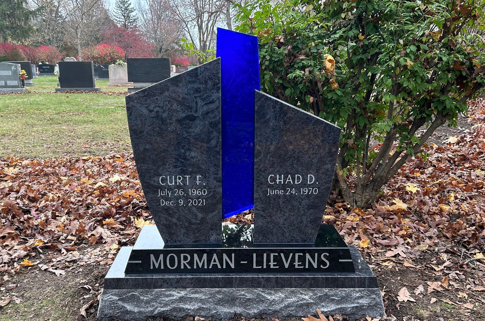 A custom glass headstone using blue TRUE Colors Thick Glass. A custom glass headstone using blue TRUE Colors Thick Glass.