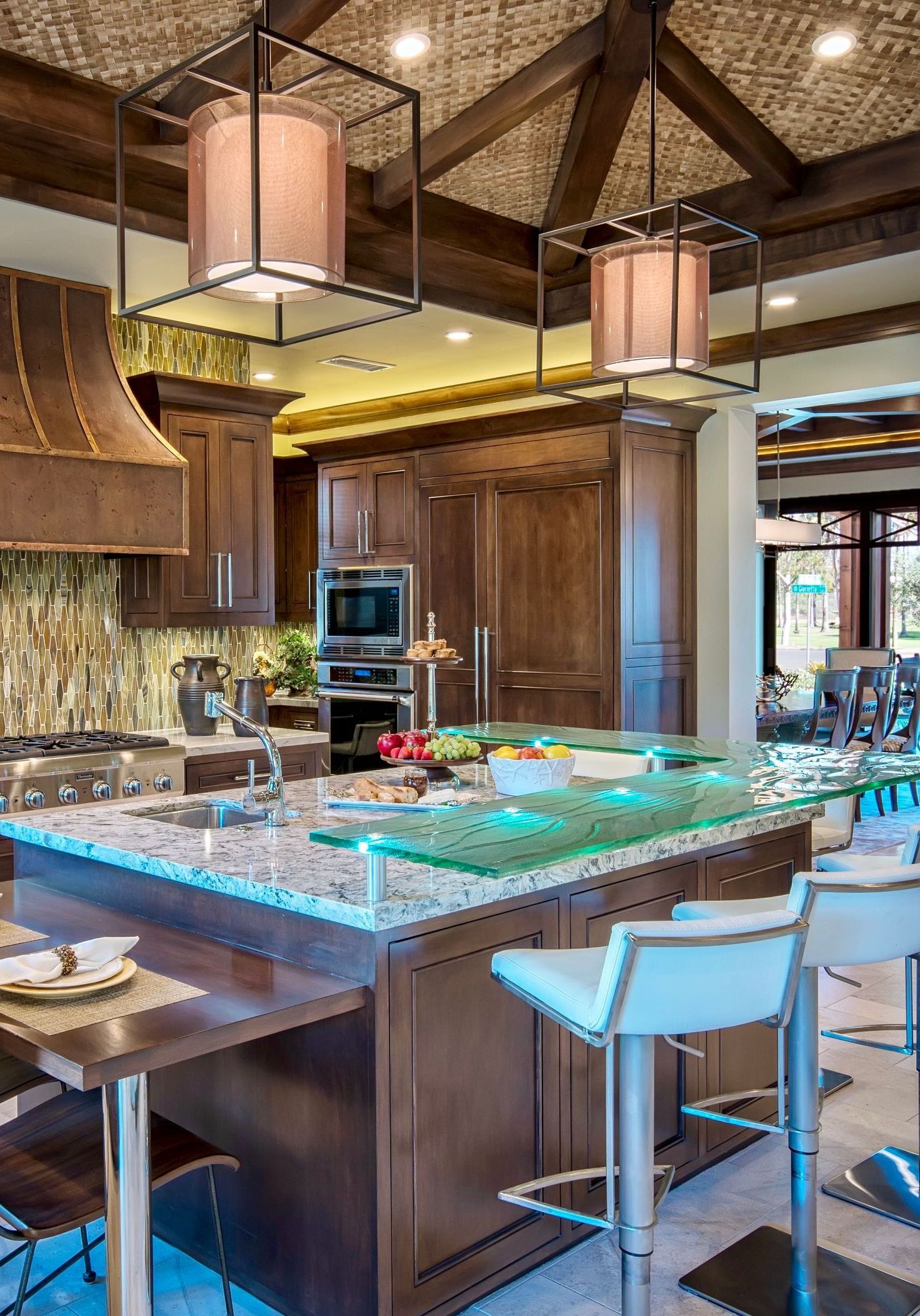 A textured custom glass countertop in a residential kitchen. A textured custom glass countertop in a residential kitchen.