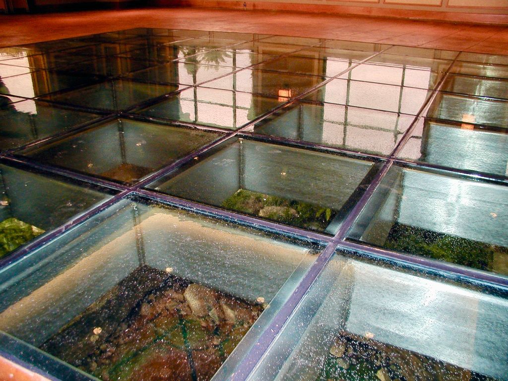 Glass floor panels revealing a view of rocks and vegetation below.